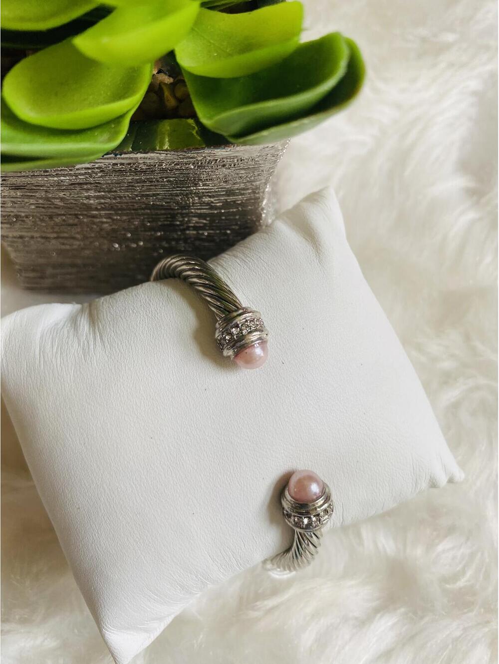 Silver Tone Open Cuff Bracelet with Pink Pearl Accents
